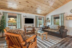 A cozy cabin interior with a wooden ceiling, checkered curtains, a television, a sofa, a coffee table, and a patterned rug. - Inviting home with game room, firepit, full kitchen, & W/D (Arkdale)