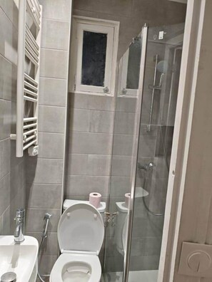 Une salle de bain équipée de toilettes, d’un lavabo et d’une douche à parois en verre.