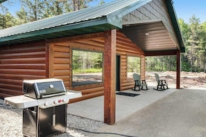 Terrace/patio - Inviting dog-friendly cabin with hot tub, fireplace, patio, grill, central AC, & W/D (Conover)