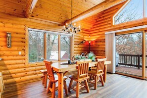 Dining - Secluded, dog-friendly home with tree-lined view, firepit, fireplace, & deck (Friendship)