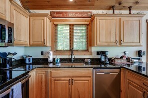 Fridge, microwave, oven, stovetop - Lakefront lodge with private dock, firepit, deck & sunset views (Eagle River)