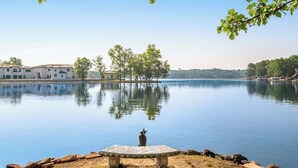 Un lac paisible, avec un banc, des arbres et des bâtiments en arrière-plan.