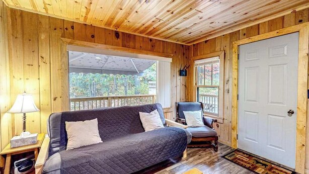 A wooden cabin interior with a sofa, armchair, and a door. - Tranquil & serene cabin getaway w/ large patio, fire pit, & lovely nature views (Rhinelander)