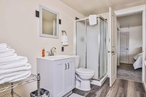 Shower, hair dryer, towels
