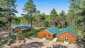 A cabin with a green roof, surrounded by a forest. - Modern dog-friendly cabin with hot tub, gas fireplace, patio, grill, & AC (Conover)