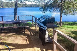 Una barbacoa, taula de pícnic i vista d'un llac.