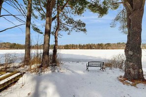 A bench in a snowy landscape with trees and a clear view of the horizon. - Lakefront home with  grill, firepit, pool table, & jetted tub (Friendship)