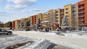 Een hotel met meerdere verdiepingen, een bakstenen gevel, sneeuw bedekte bomen en een parkeerplaats.