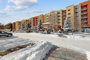 Un hôtel à plusieurs étages, avec une façade en briques, des arbres couverts de neige et un parking.