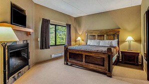 Un dormitorio con cama, televisión, chimenea y ventana con cortinas.