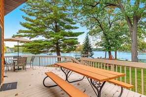 Outdoor dining - Lakefront retreat with panoramic views, large backyard, & direct beach access (Wisconsin Dells)
