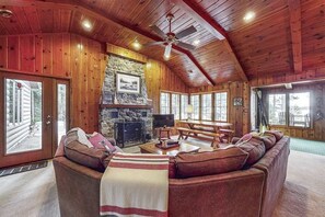 TV, fireplace, offices - Serene Lakefront Home w/ Wifi, docks, kayaks, gas grill, fire pit & more (Boulder Junction)