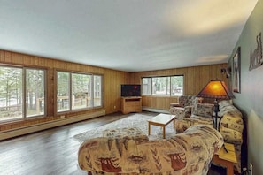 A living room with a sofa, a coffee table, a TV, and large windows. - Charming Lakeview cabin w/ dock, fire pit, gas grill, & WIFI, Dogs-YES (St. Germain)