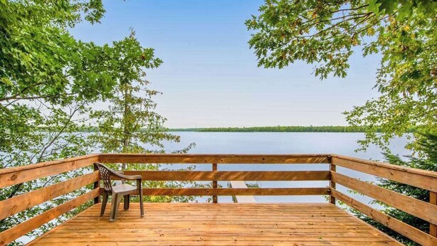 Eine Holzterrasse mit einer Bank, mit Blick auf einen stillen See mit Bäumen im Hintergrund.