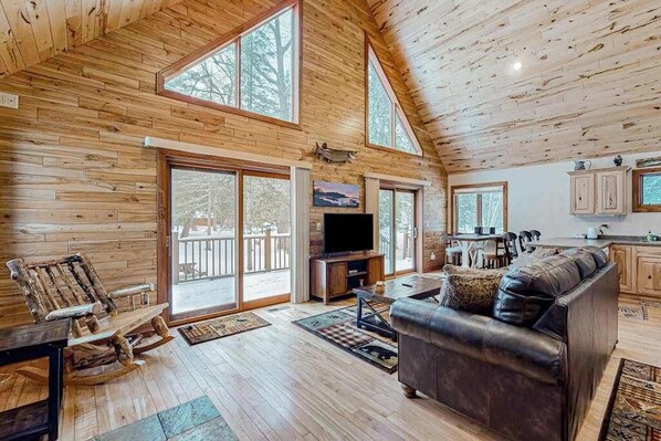 TV, fireplace - Rustic resort cabin with lake views, deck & access to docks, canoe, paddle boats (Mercer)