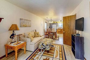 TV, DVD player - Dog-friendly lakefront home with a private beach, dock, firepit, & kayaks (Mercer)