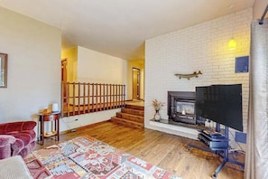 TV, DVD player - Dog-friendly lakefront home with a private beach, dock, firepit, & kayaks (Mercer)