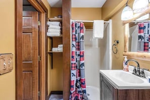 Shower, towels - Lakefront dog-friendly gem with private dock, wood stove, large deck & free WiFi (Mercer)