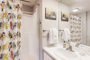 Shower, towels - Lakefront home with private outdoor sauna, dock, firepit, wood fireplace & patio (Hazelhurst)