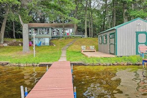 A lakeside cabin with a dock leading to a small boat, surrounded by trees. - Waterfront home between 2 lakes w/ heated porch, dock & kayaks (Manitowish Waters)