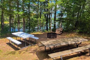 Outdoor dining - Dog-friendly lakefront lodge with firepit, dock, & gas fireplace (Eagle River)