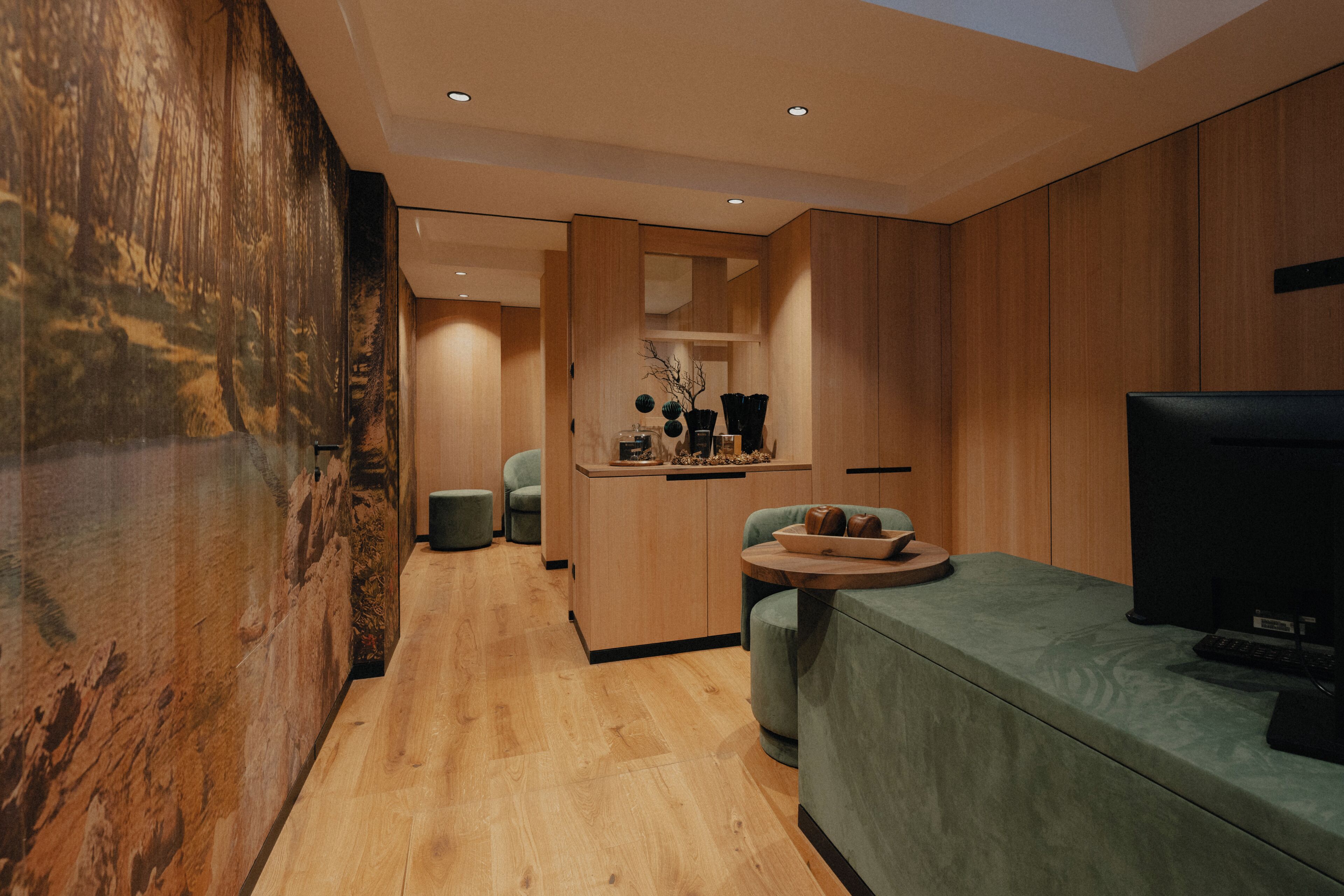Un interior moderno con pared de madera, un sofá verde, un televisor y una pequeña mesa con objetos decorativos.