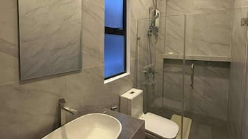 Shower, bidet, towels, soap