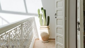 A potted cactus on a balcony with a white railing and a white door. - Riad Sultanes-Peaceful haven with private Jacuzzi (Marrakech)