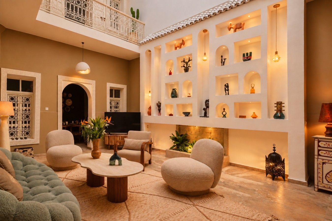 A spacious living area with a high ceiling, a fireplace, and a collection of shelves with decorative items.