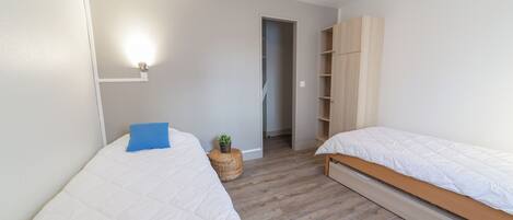 A bedroom with two beds, a wardrobe, a small plant, and a doorway leading to another room.
