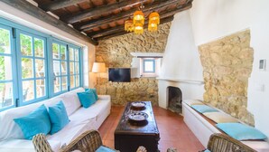 Una habitación acogedora con una pared de piedra, chimenea, sofá blanco con cojines azules y muebles de mimbre.