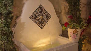 A stone bathtub with a decorative emblem, surrounded by greenery and a potted plant with flowers. - Casa De La Fredeswinda: Charming Andalusian Rural Getaway (Peñaflor)