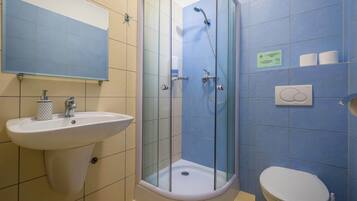 Een badkamer met een douche met glazen wand, een wastafel en een toilet.