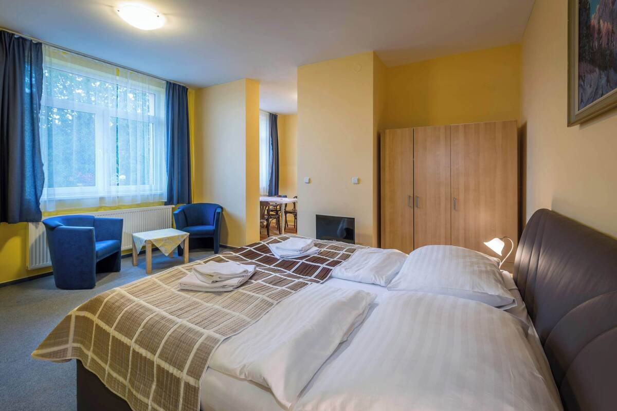 Una habitación de hotel con cama, escritorio, silla, ventana con cortinas y armario.