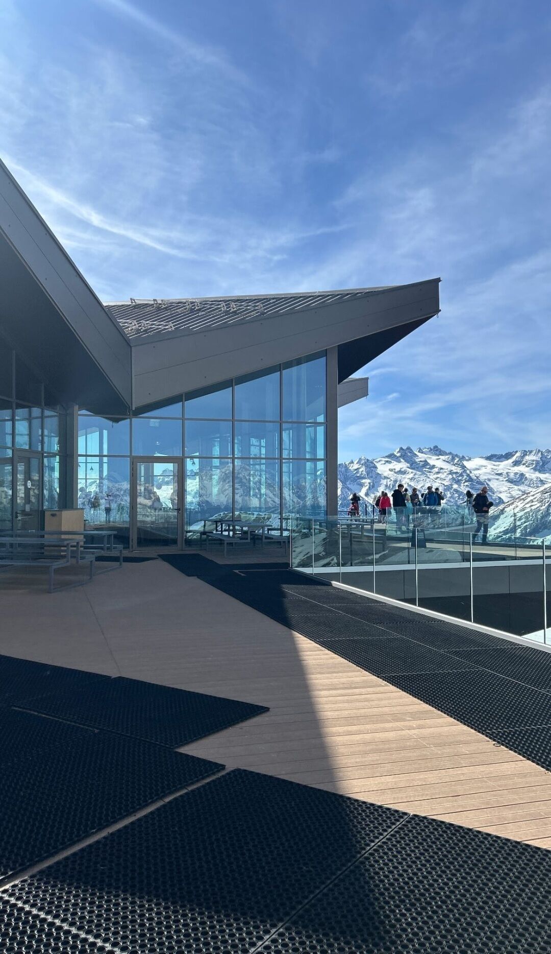 A modern building with large glass windows, a flat roof, and a view of snow-capped mountains.