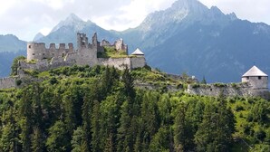 Eine historische Steinschlossburg auf einem Hügel, mit bewaldeter Vordergrund und Bergen im Hintergrund.