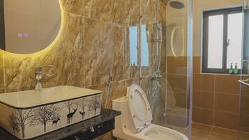 Combined shower/bathtub, hair dryer, towels, soap