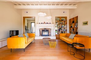 A living room with a fireplace, two sofas, and a bookshelf. - Villa des Serpolets, Alpilles view (Maussane-les-Alpilles)