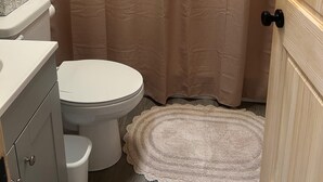 Ein Badezimmer mit Toilette, Duschvorhang und weißem Teppich.