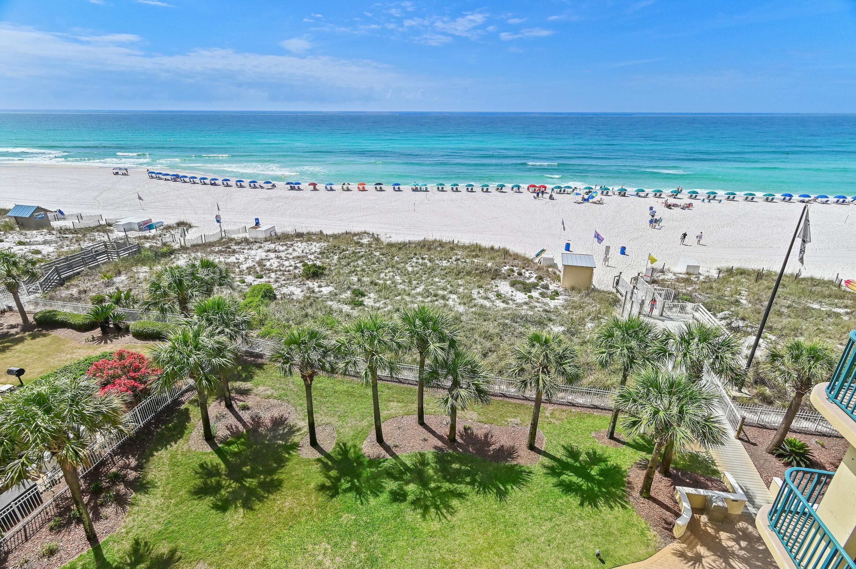 A beach view with a pathway, palm trees, and beach umbrellas.