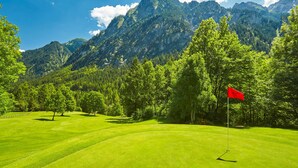A golf course with a red flag, surrounded by lush green trees and mountains in the background. - Studio La Montanara in Brand (Brand)