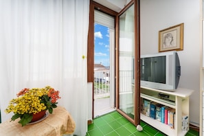 Un balcon avec une porte-fenêtre coulissante, un téléviseur posé sur un meuble, une bibliothèque remplie de livres et un arrangement floral sur une table.