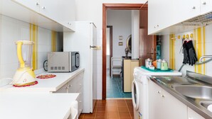 Une cuisine compacte équipée d’un lave-linge, d’un four à micro-ondes et d’un évier.