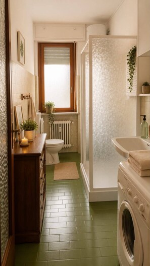 Shower, hair dryer, bidet, towels