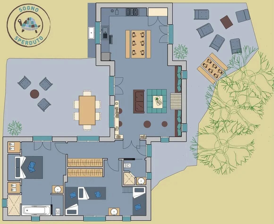 A hotel layout with a dining area, kitchen, living room, and a bedroom.
