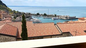 Un pueblo costero con edificios de tejados de terracota, un puerto deportivo con barcos y una vista despejada del mar.