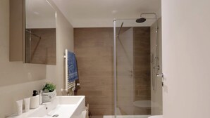 Un baño moderno con ducha envuelta en vidrio, un lavamanos blanco y un inodoro.