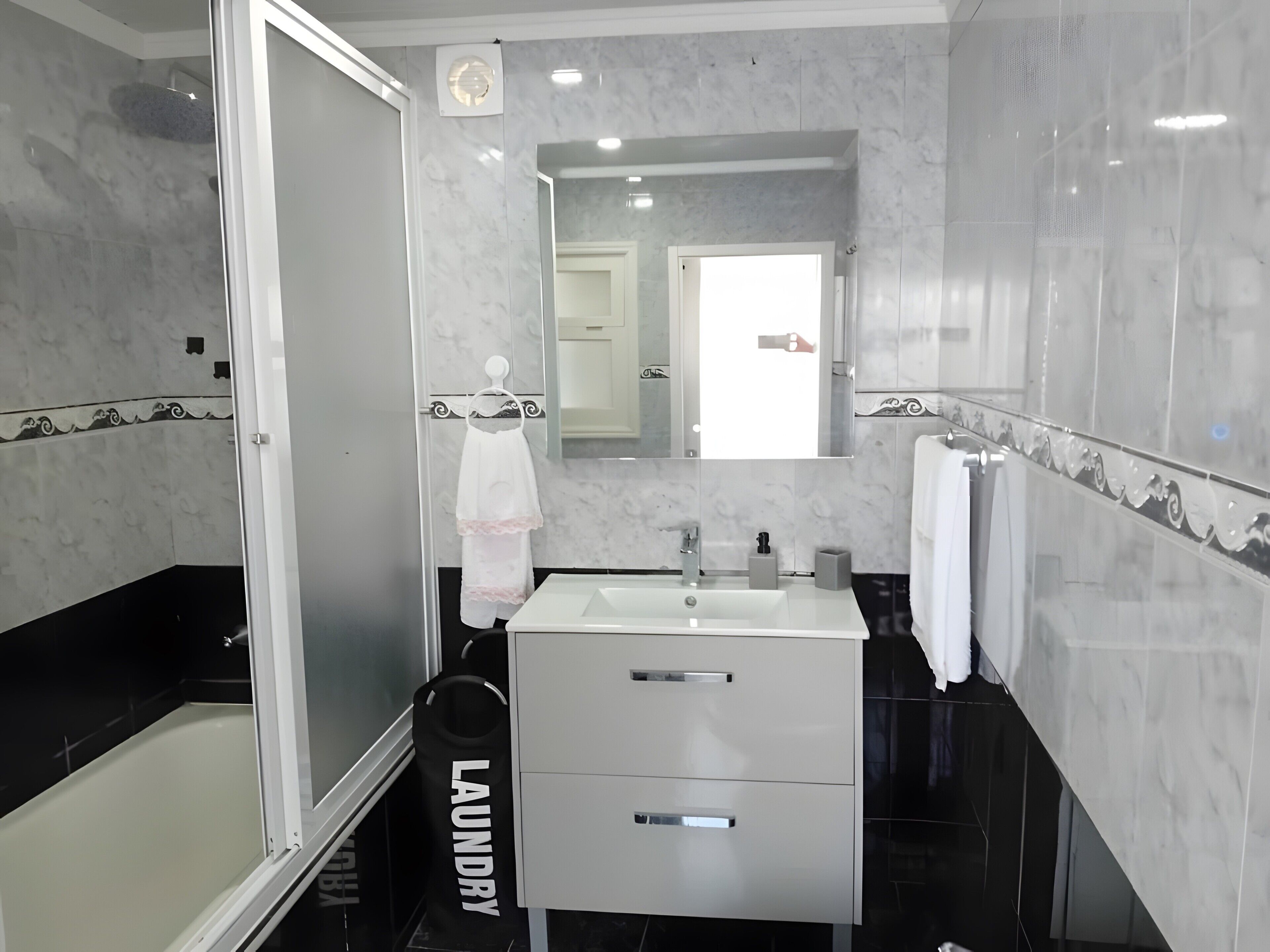 Shower, hair dryer, towels