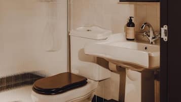 A bathroom with a toilet, sink, and a bottle of hand soap.