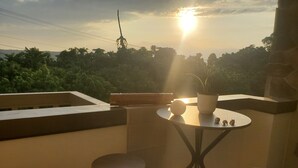 A balcony with a table, two chairs, a potted plant, and a view of the sunset.